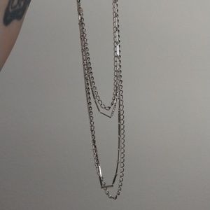 Extra long double chain silver toned necklace signed E Sal